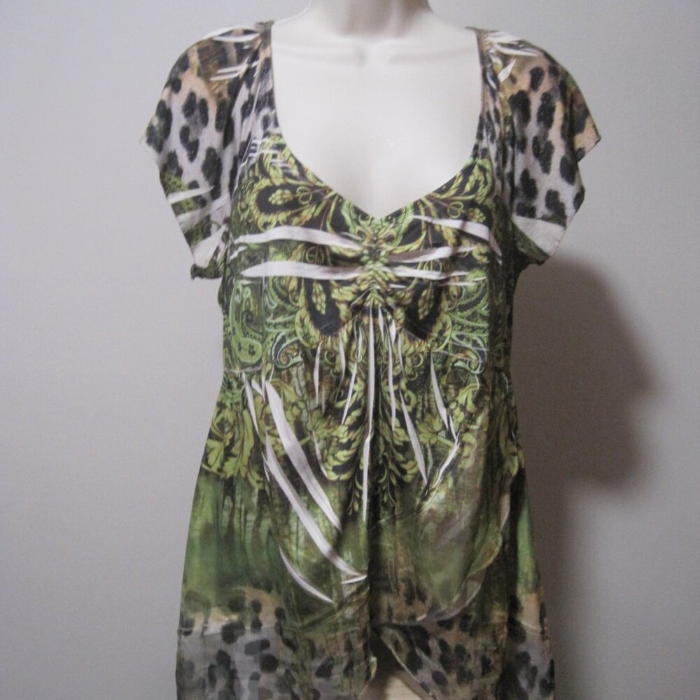 Apt. 9 Women's Size Large Embellished Floral U-Shaped V-Neck Blouse Multicolored